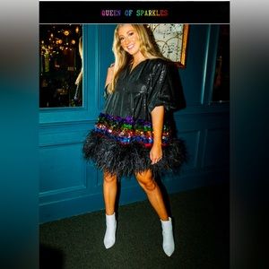QOS Black Sequin Feather Rainbow Paillette Dress.